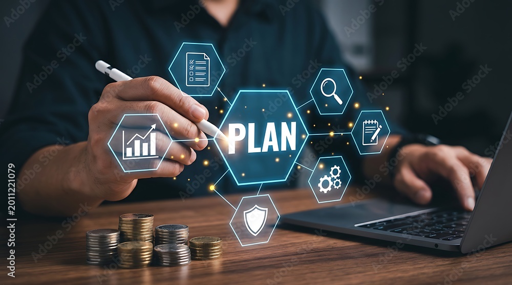 Naklejka premium Person interacting with holographic financial plan on desk with laptop and coins hands