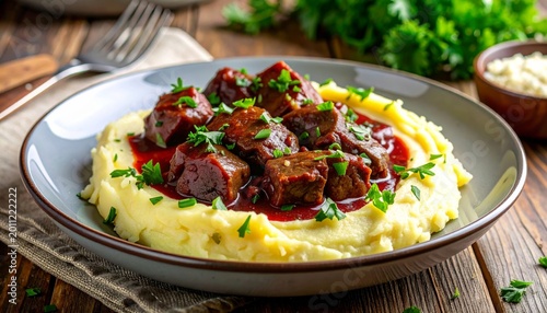 A gourmet cooked beef stew dish served with healthy vegetables and mashed potatoes makes for a delicious red meat dinner meal in a restaurant