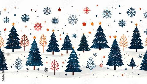 Scandinavian christmas pattern with pine tree snowflake star winter landscape festive simple line holiday blue orange white seamless design joyful mood