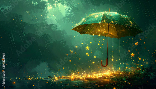 Surreal umbrella golden star glowing rain dark green forest magical night fantasy dreamy sparkling whimsical imaginative scene