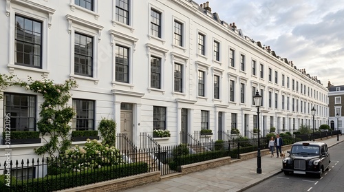 Historic townhouses with symmetrical windows and black iron fences