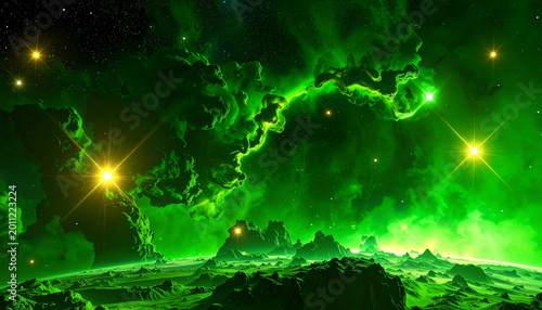 Emerald green cosmic clouds deep space nebula glowing stars alien landscape surreal atmosphere vibrant light fantasy environment mysterious universe dramatic sky science fiction scene