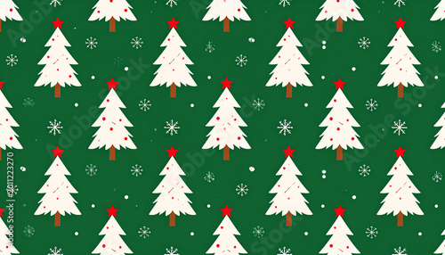 White Christmas tree seamless pattern green background red star snowflake minimalist festive design winter holiday flat style cheerful seasonal decoration