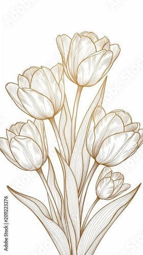Elegant gold line art tulip triptych on white background. hand drawn botanical illustration of tulip bouquets in vertical panels.