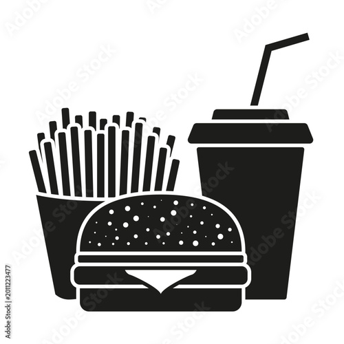 Illustration vectorielle minimaliste d'un menu de restauration rapide comprenant un burger, un cornet de frites et un gobelet de soda avec paille