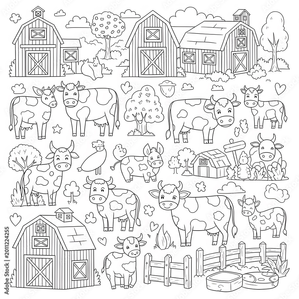 Obraz premium Barns, fences, and cows in a farm setting