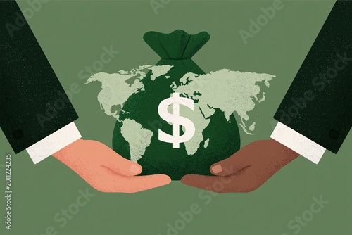 Businessman and businesswoman holding money bag with world map. Concept of global economy, international investment, and financial success. Business partnership and wealth management.