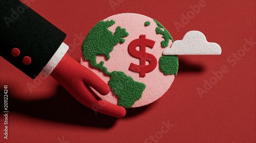 Businessperson hand holding world globe with dollar sign. Global economy and international trade concept. Financial growth, investment market, and wealth management illustration.