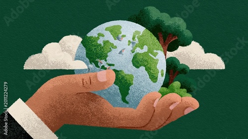 Hand holding globe with tree for environmental finance. Sustainable investment and green economy. Corporate social responsibility for climate change and ecology protection concept.