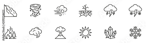 Foto Extreme weather outline icons set with tornado, avalanche, drought, wildfire, vo
