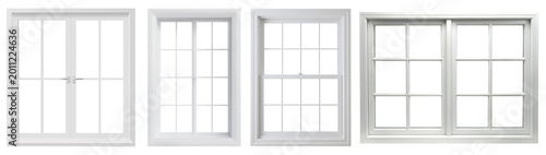 Fotografie Four white window frames with various grid designs, isolated on a transparent background