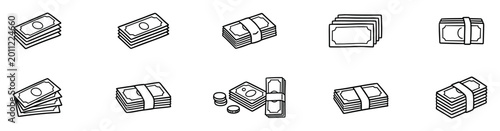 Foto Cash line icon collection with stacked banknotes, bundled money and currency pay
