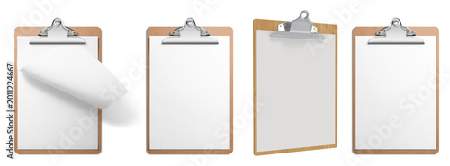 Photos Collection of wooden clipboards with blank paper, isolated on a transparent background for versatile use