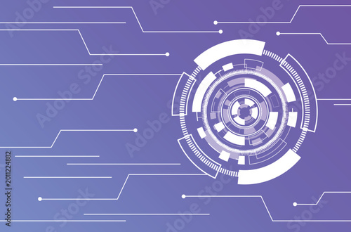 White electronic circuits and rings technology on a purple gradient background.