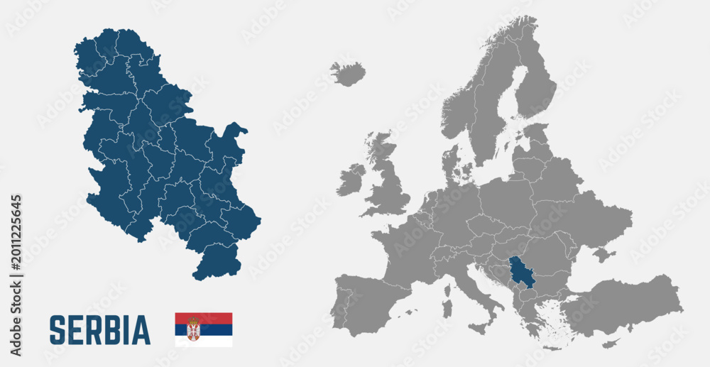 Obraz premium Serbia map. Serbia flag. Europe and Serbia maps with regions. Europe map isolated on white background. High detailed. Vector illustration 