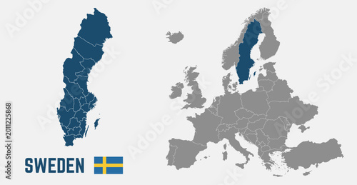 Sweden map. Sweden flag. Europe and Sweden maps with regions. Europe map isolated on white background. High detailed. Vector illustration	