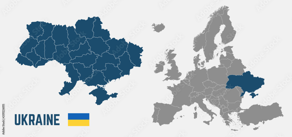 Obraz premium Ukraine map. Ukraine flag. Europe and Ukraine maps with regions. Europe map isolated on white background. High detailed. Vector illustration 
