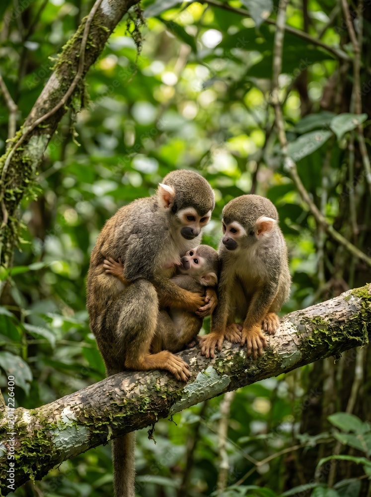 Fototapeta premium Monkey Family Sitting on Tree Branch in Amazon Rainforest Natural Wildlife Interaction