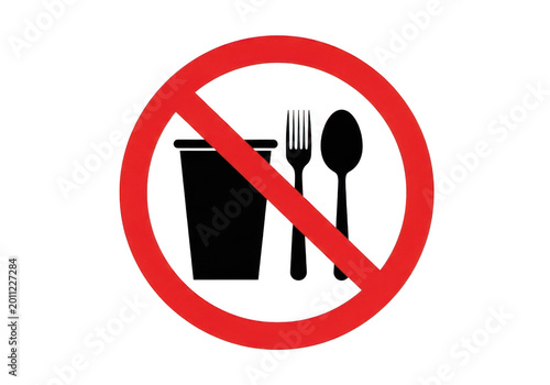 No food or drink sign, prohibited eating and drinking icon, red circle prohibition symbol with fork spoon and cup, restricted area warning