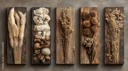 Rustic Nature Collage: Six Wooden Panels Adorned with Dried Botanicals — Pinecones, Leaves, Flowers, and Grasses in Earthy Tones
