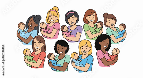 Diverse mothers with babies, simple cartoon art
