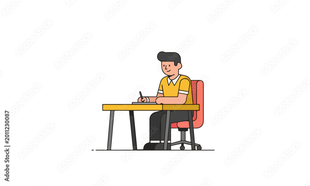 Fototapeta premium Man writing at desk with security shield illustration