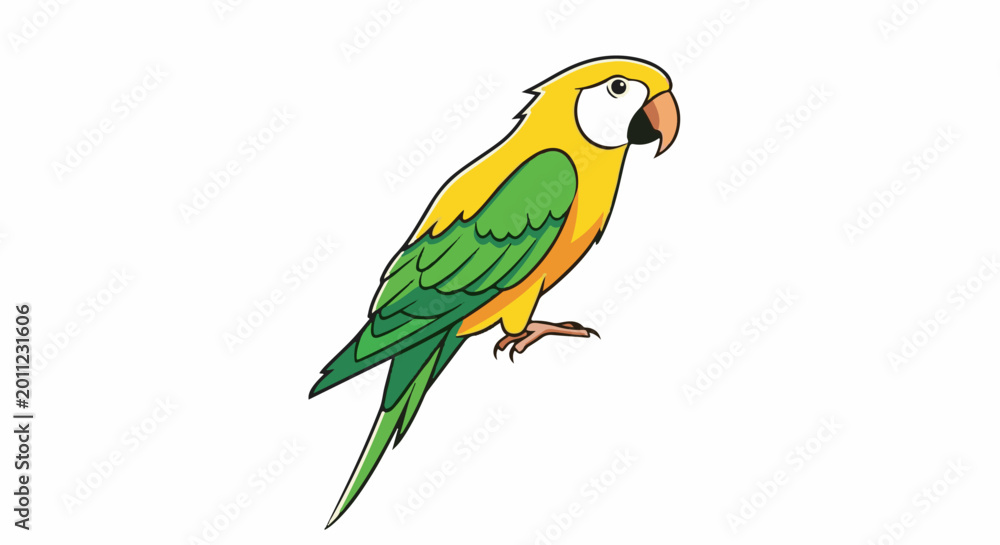 Fototapeta premium Cartoon yellow and green parrot with orange beak, white background