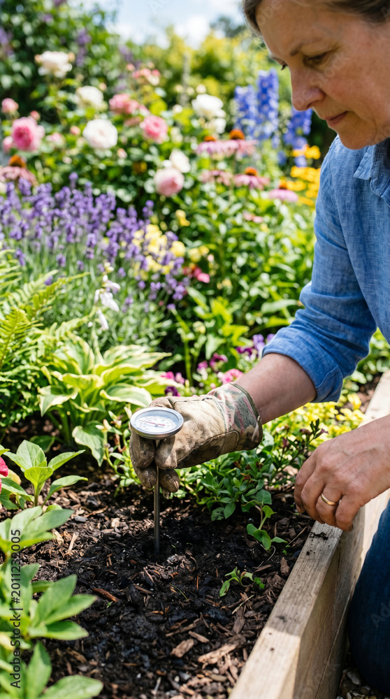 Fototapeta premium Close-up of a gardener measuring ground temperature with a soil thermometer in a blooming garden on a sunny day, sustainable gardening and spring planting concept