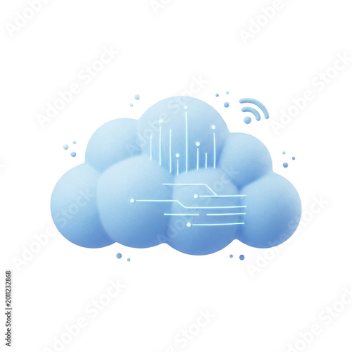Stylized 3D Cloud Computing Icon With Digital Network Lines