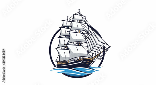 Detailed illustration of a tall ship sailing on blue waves within an oval