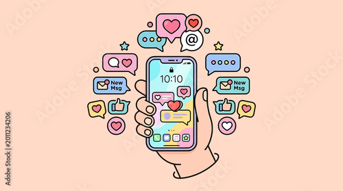 Illustration of a hand holding a smartphone, with social media icons and notifications popping out, representing online communication and engagement