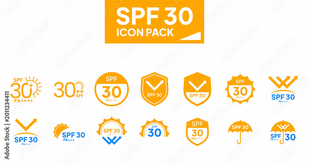 Fototapeta premium Sunscreen SPF 30 protection icon pack displaying UV safety ratings against white background in vector format