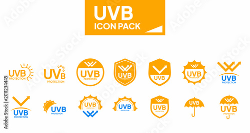 UVB protection icon pack representing sun safety for cosmetic packaging design featuring yellow vector graphics