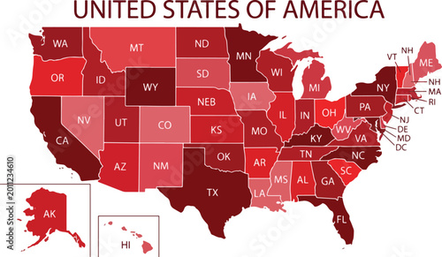 Red vector map of the United States with state abbreviations