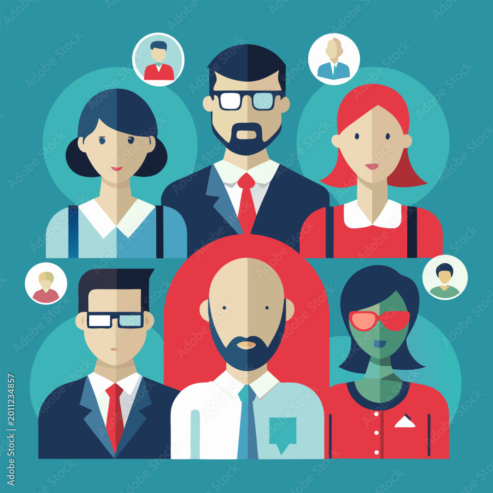 Fototapeta premium Flat vector portraits of diverse businessmen and businesswomen in formal attire. Great for organizational charts, team meeting visuals, and corporate personnel representations.