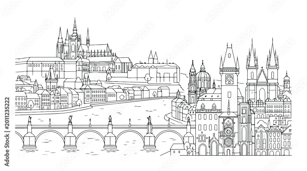 Obraz premium Illustration of a cityscape with a bridge and buildings in a Gothic style against a white background in a line drawing technique.