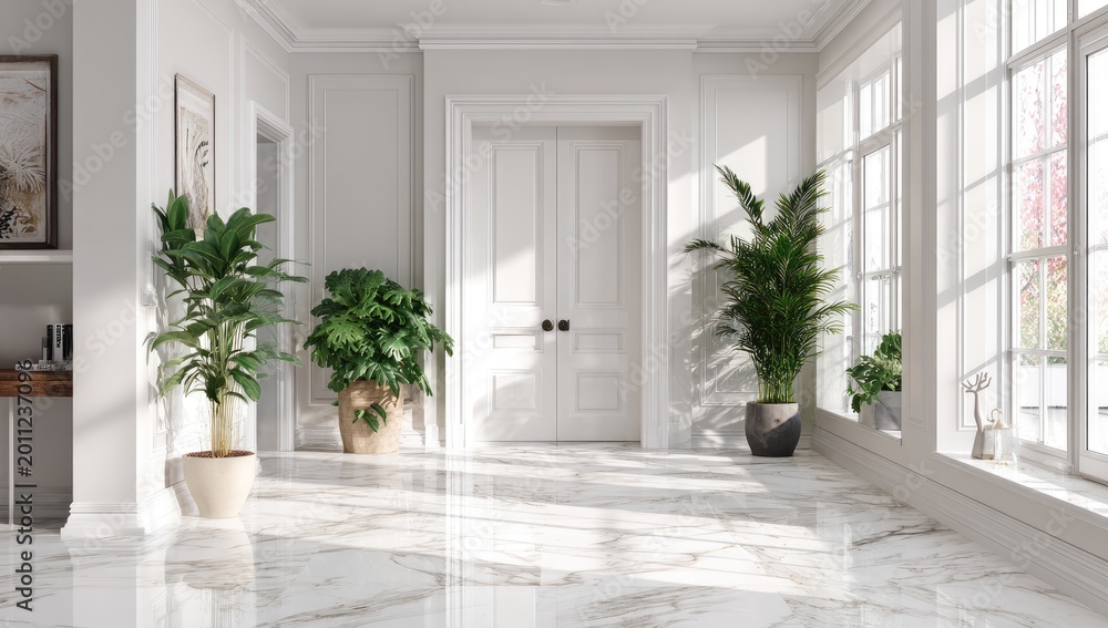 Fototapeta premium Bright, sunlit hallway with marble floors and potted plants