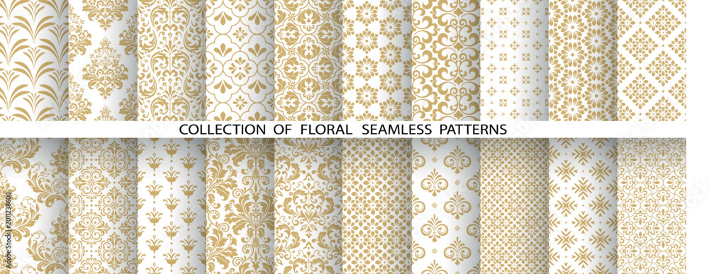 Naklejka premium Geometric floral set of seamless patterns. White and golden vector backgrounds. Damask graphic ornaments