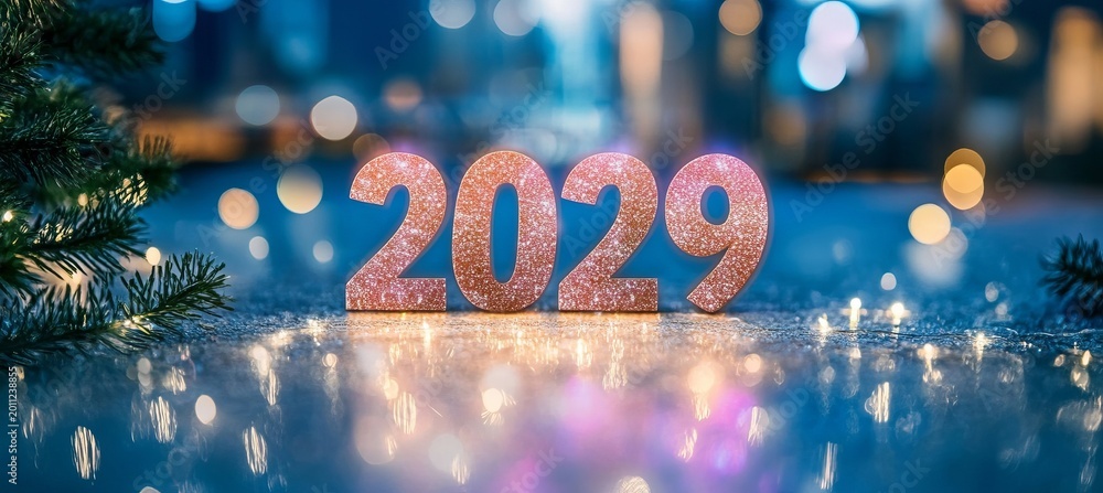Fototapeta premium Festive and Bright New Year 2029 Greeting with Colorful Fireworks and Sparkling Celebration Card