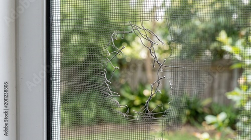 Torn screen with hole and blurred garden view in background  