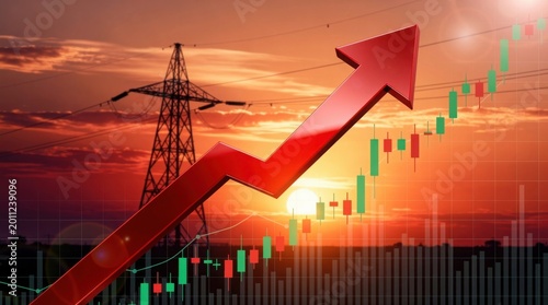 A stylized graph shows a rising trend against a backdrop of a sunset and power lines, symbolizing growth in energy or finance.