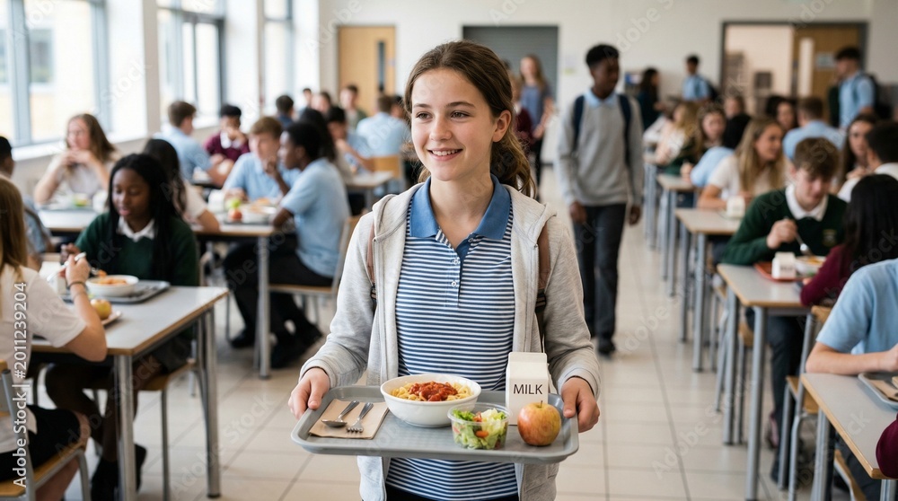 Fototapeta premium Girl smiling while carrying lunch tray in bustling school cafeteria