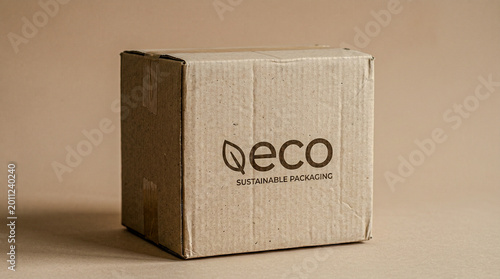 Simple 3D eco packaging box made of recycled paper on neutral beige