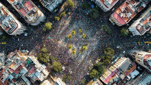 Aerial view of a crowded urban plaza with a sea of people