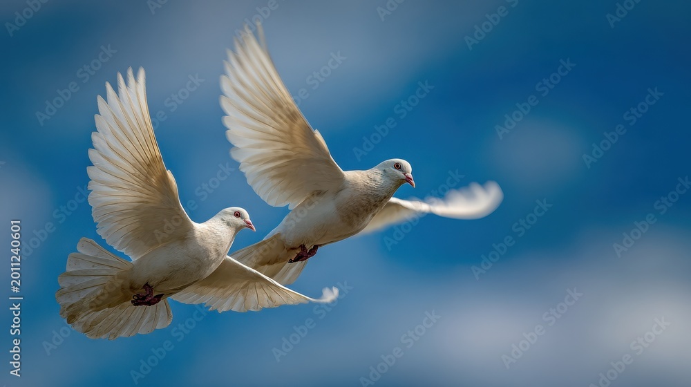 Obraz premium Two white doves in flight against a clear blue sky with wispy clouds