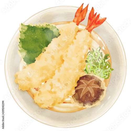 リアルな「天ぷらうどん」の俯瞰イラスト