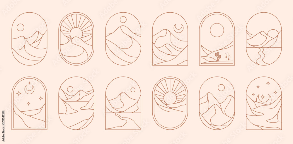 Naklejka premium Desert mountains landscape boho icons, aesthetic window frames. Vector linear sun, moon and stars, cactus, dunes and flowing lines evoking calm adventurous outdoor travel and natural horizon scenes