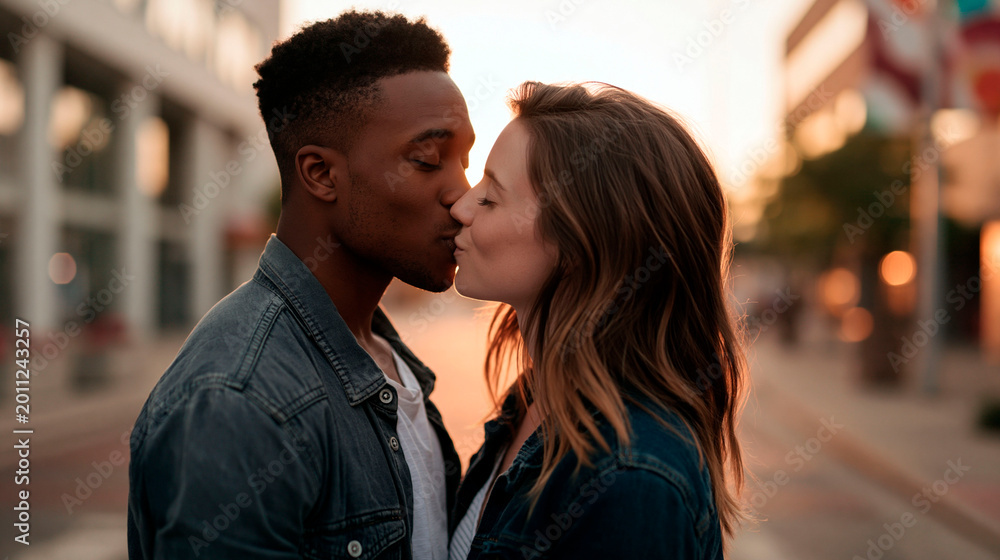Fototapeta premium African and european couple kissing outdoors with romantic love interracial relationship and sunset dating concept
