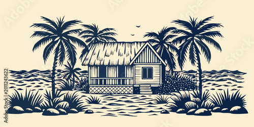 Tableau sur toile tropical beach hut with thatched roof and palm trees