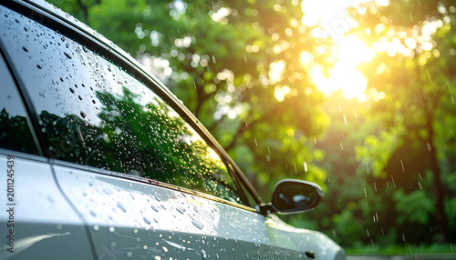 Car Window with Water Droplets Reflecting Sunlight and Green Trees.